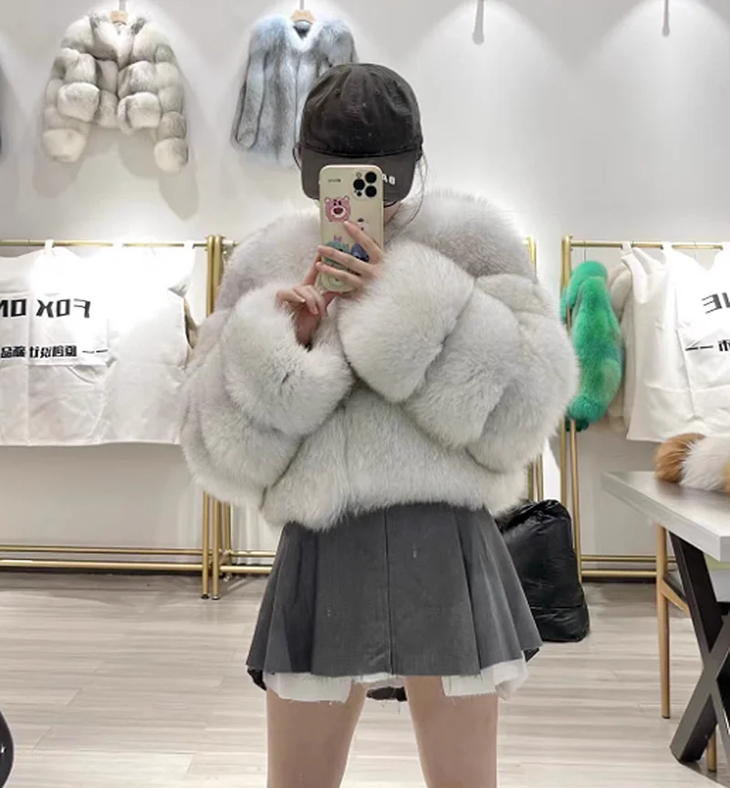 Fox Fur Coat for Women, Short High Waist, Long Sleeve, 100% Natural Fox Fur Jacket, High Quality, Sexy Fashion, Winter