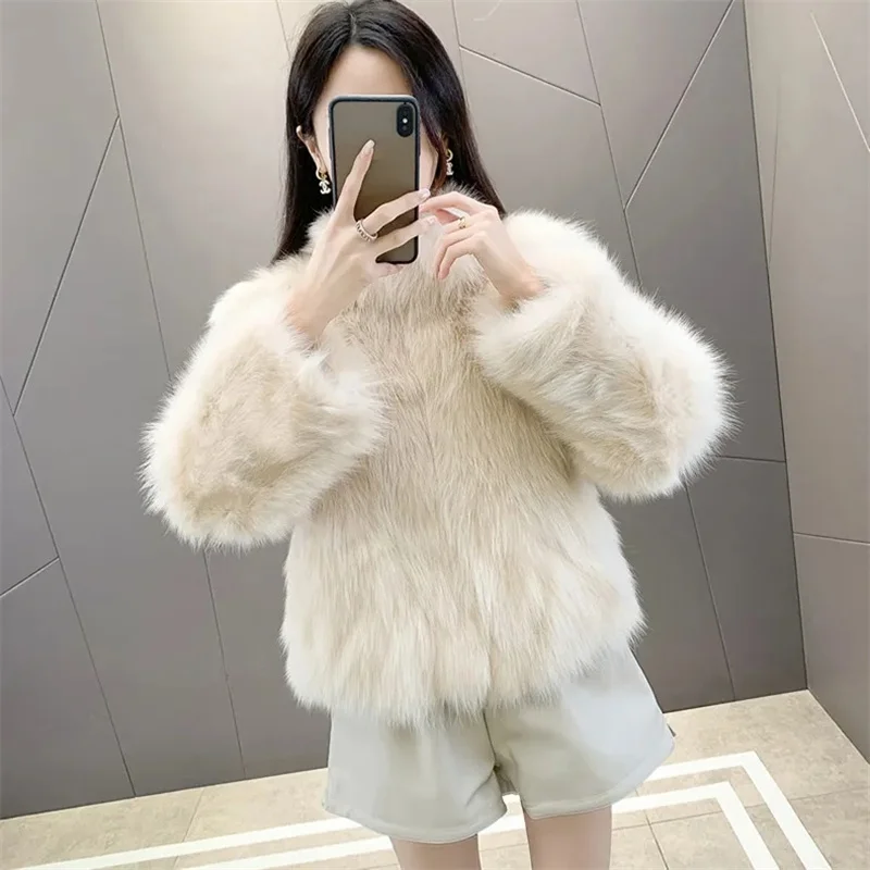 2024 Female Faux Fur Tops Coat Winter Women Fashion Short Plush Overcoat Ladies Long Sleeves Integrated Fur leather Fur Jacket