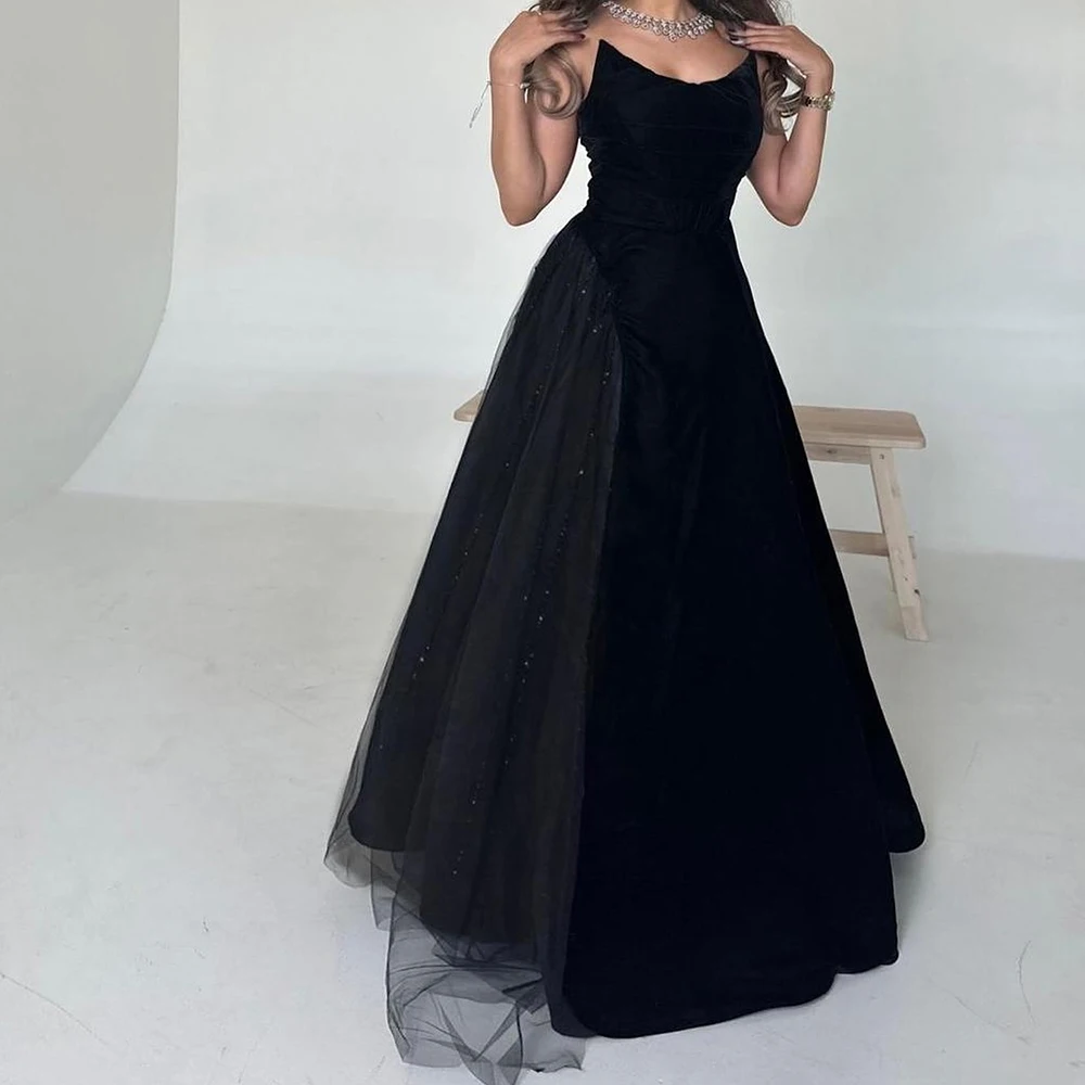 

Temperament Pleats Sequined Strapless Prom Gowns Graceful A-Line Velvet Sleeveless Black Party Gowns فساتين سهره نسائيه فخمة