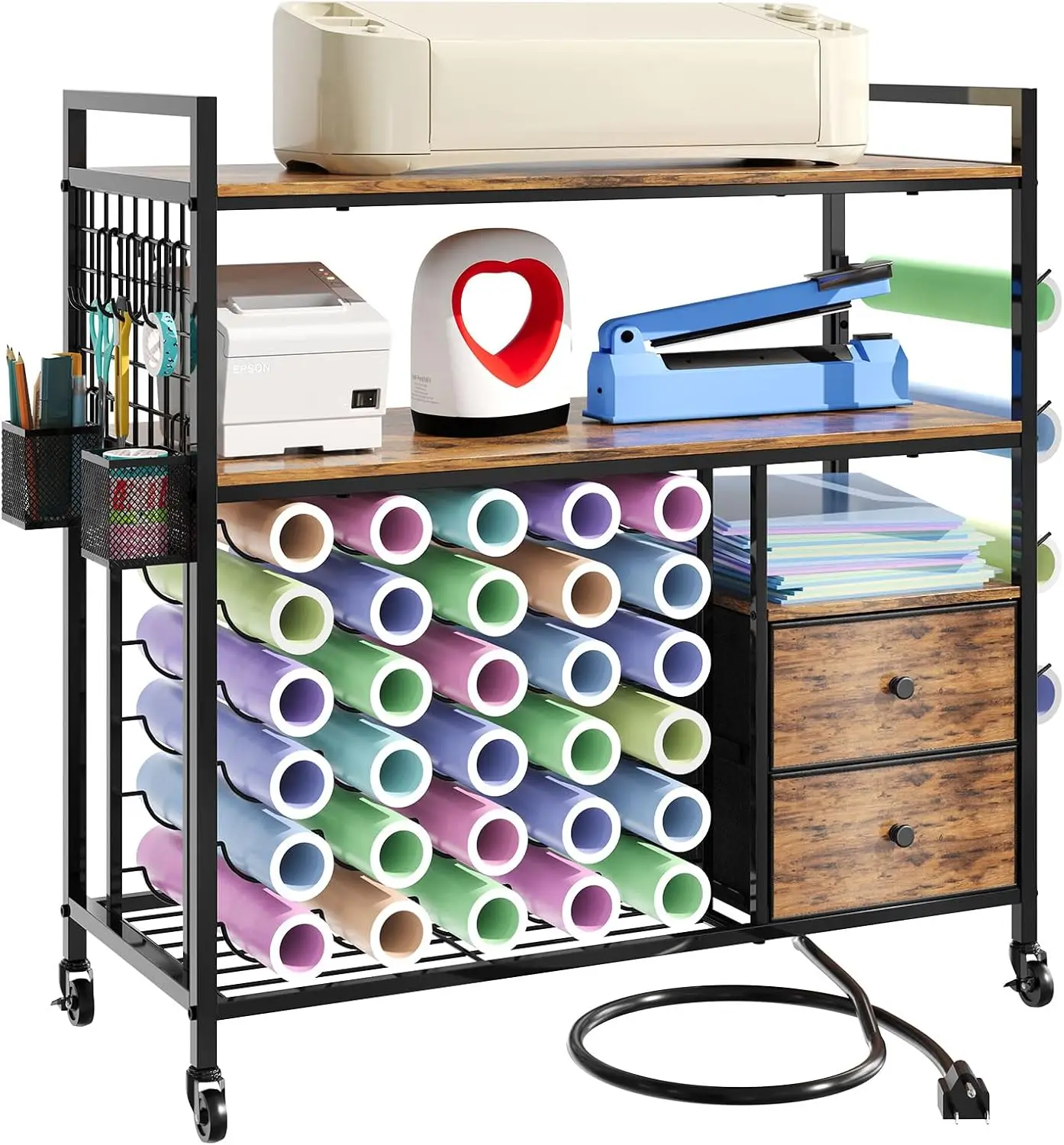 

HavenlyYouth Craft Cart Compatible with Cricut Machine, Large Cricut Table with 34 Vinyl Roll Holder, 2 Drawers and Charging Sta