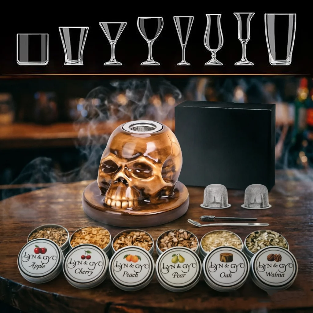 LYN&GY 4 or 6Flavor Cocktail Smoker Wood Chips Gift Set for Whiskey/Bourbon/Drinks Includes a Skull-shaped Smoker