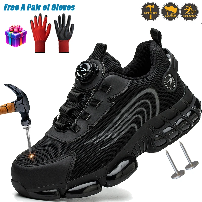 Steel toe safety work shoes New Men Rotary Buckle non-slip Roofing Shoes Indestructible soles Add a pair of gloves as a gift