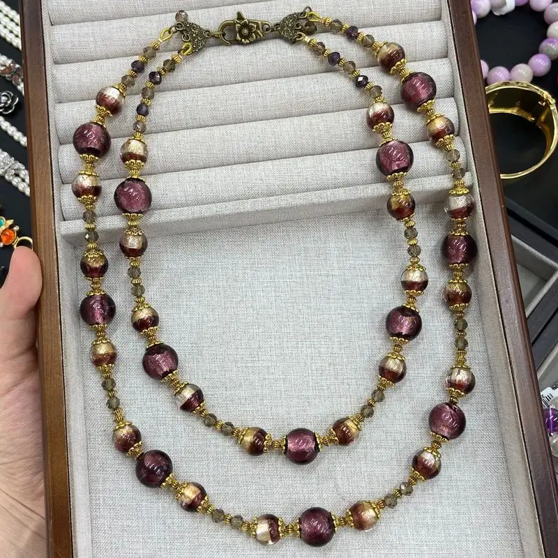 Vintage Purple Foil Glass Beaded Necklace Antique Gold Tone Double Layer Women Costume Jewelry