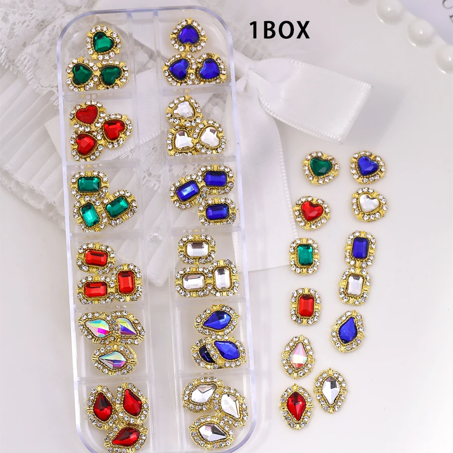 12 Grids Vintage Palace Nail Rhinestone Kit, 3D Gold Frame Heart Teardrop Square Gem Charms for Nail Art & DIY Handmade Craft