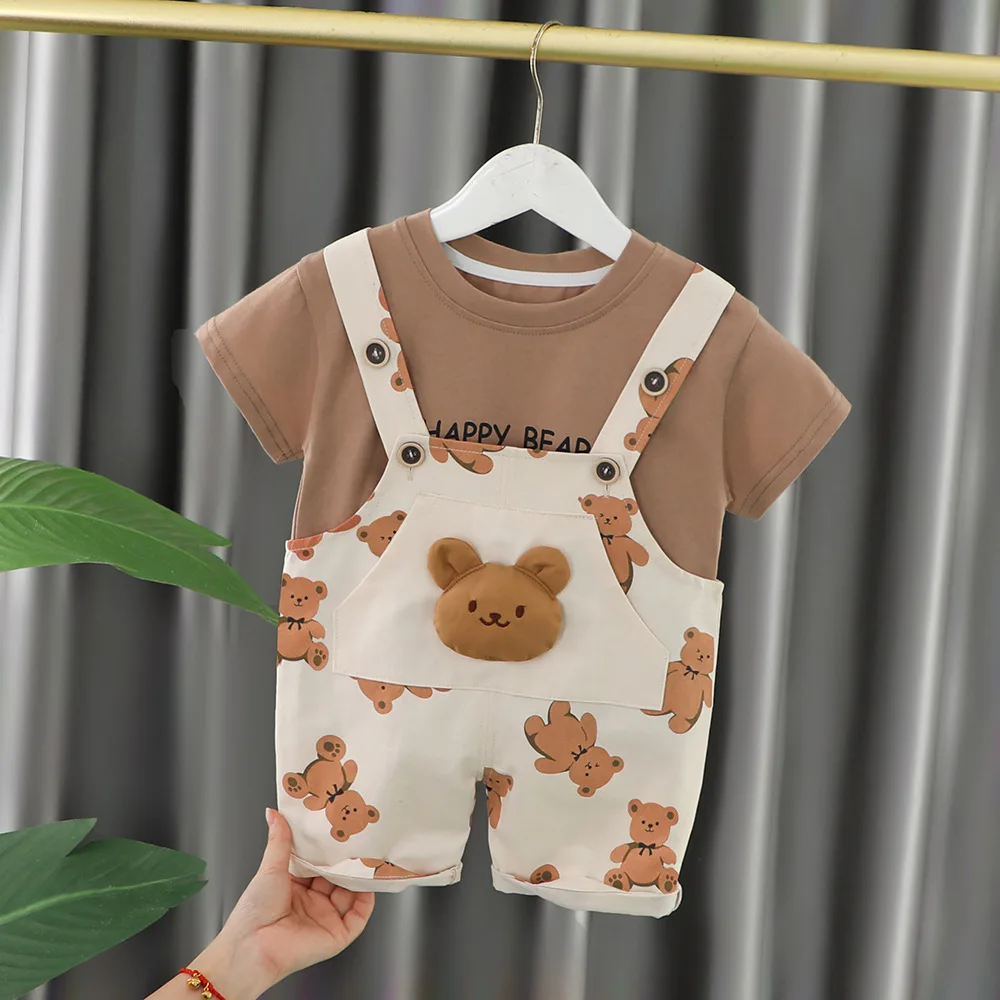 Summer Baby Boy Set Clothes Outfit Korean Cartoon Short Sleeve T-shirts and Overalls Two Piece Tracksuits for Kids Boys Clothing