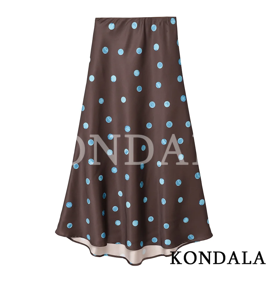 Women Trendy Blue Polka-Dot Satin Midi Skirt KONDALA 2026 Summer Fashion High Street Holiday Skirt Leisure Elastic Waist Skirts