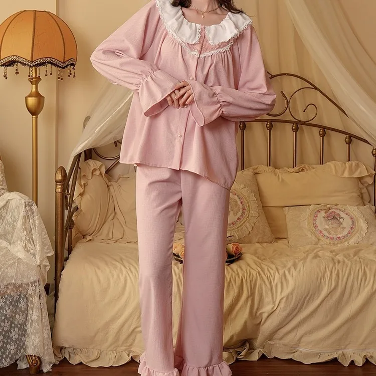 Women's Spring And Autumn Home Furnishings, Pajamas, Two Piece Set, Sweet Princess Style, Doll Neck, Long Sleeve, Lotus Leaf Edg