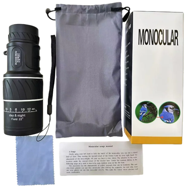 16x52 Dual Focus Compact Monocular Telescope Powerful Zoom Prism Scope Portable Monocular Gear for Travel Camping Outdoor