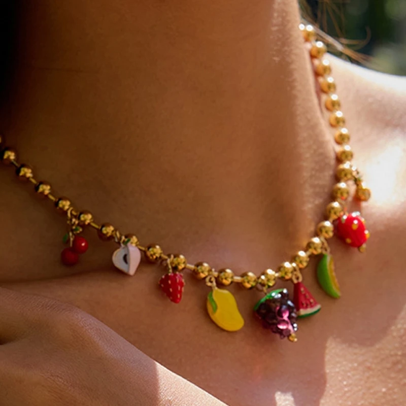 31BF Fashionable Fruit Charm Necklace Bracelet Adjustable Chain Jewelry for Daily Outfits Or Special Occasions