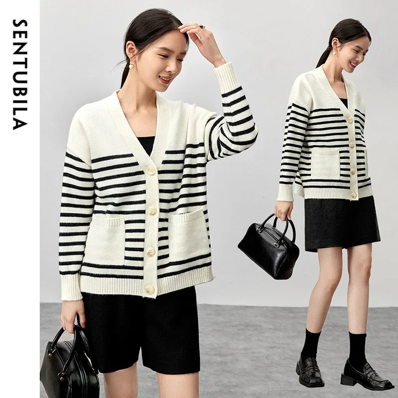 SENTUBILA Spliced Striped Cardigan for Women 2024 Autumn Winter V Neck Single Breasted Slit-hem Pockets Knitwear W44E57265