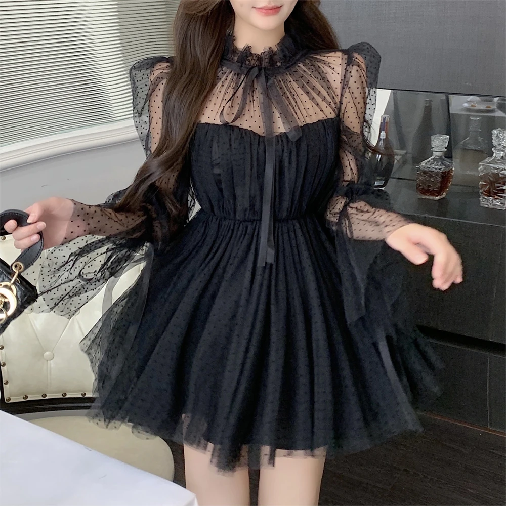 Spring Autumn Sweet Lantern Sleeve Lace Dress Women Tie Bow Dot Mesh Dresses Ladies A Line Short Mini Tutu Party Dress Vestidos