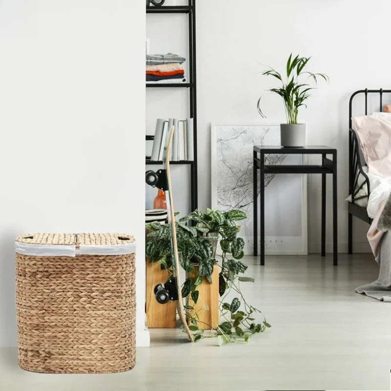 High-quality natural water hyacinth hand-woven laundry bucket basket with handle removable round