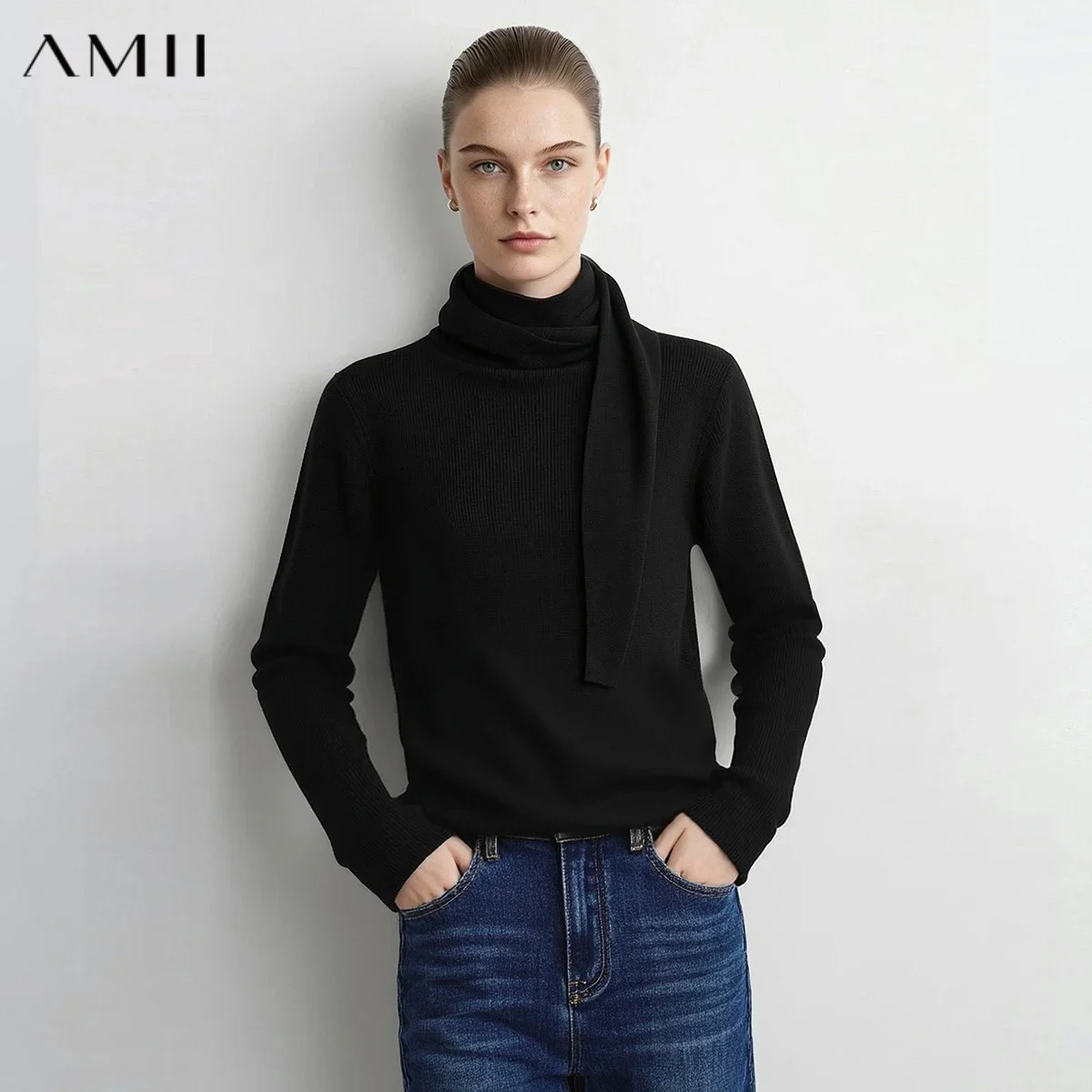 Amii Women's 2026 Autumn Pullover Scarf Collar Raglan Long Sleeve Sweaters Elegant Casual Knitted Soft Female Tops 12623083