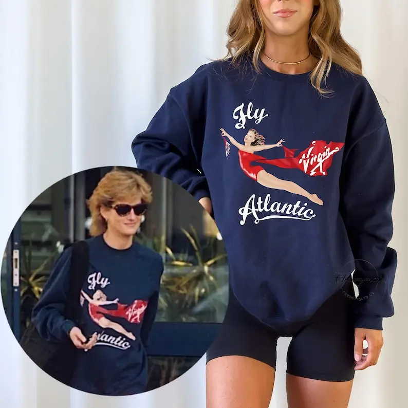 Fly Atlantic Princess Diana Sweatshirt Retro 80s Sporty Crewneck Winter Clothes Women Aesthetic Sweaters Casual Long Sleeve Tops