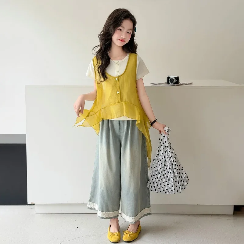 Girls Suit Summer 2026 Short Sleeve T-Shirt Yellow Ruffle Vest And Lace Wide Leg Jeans Three Piece Set Children's Clothing