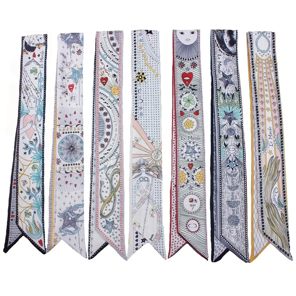 2023 French Versatile Tarot Goddess Sun Ladies 100% Twill Silk Scarf Decoration Long Strip Tie Binding Bag Ribbon