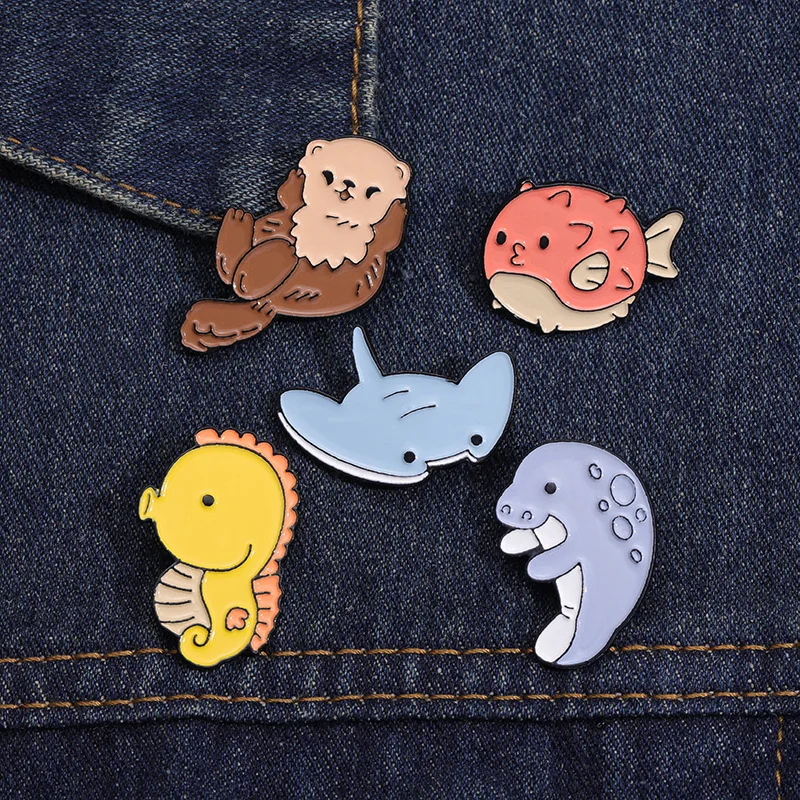 Cartoon Sea Creatures Series Brooch Cute Shark Whale Seahorse Metal Badge Accessory Pins wholesale Gift to friends