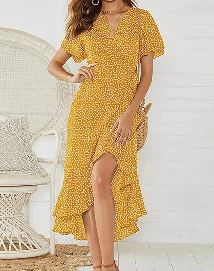 Vestido de mujer con estampado Floral, vestido largo bohemio de gasa con volantes, vestido informal con cuello en V dividido, vestido de fiesta Sexy para mujer