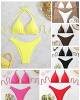New Halter Bikini Women Solid Color Two-Piece Set Sexy Split Swimsuit Yellow Red Black Coffee White Pink Lace Up Bathing Suit