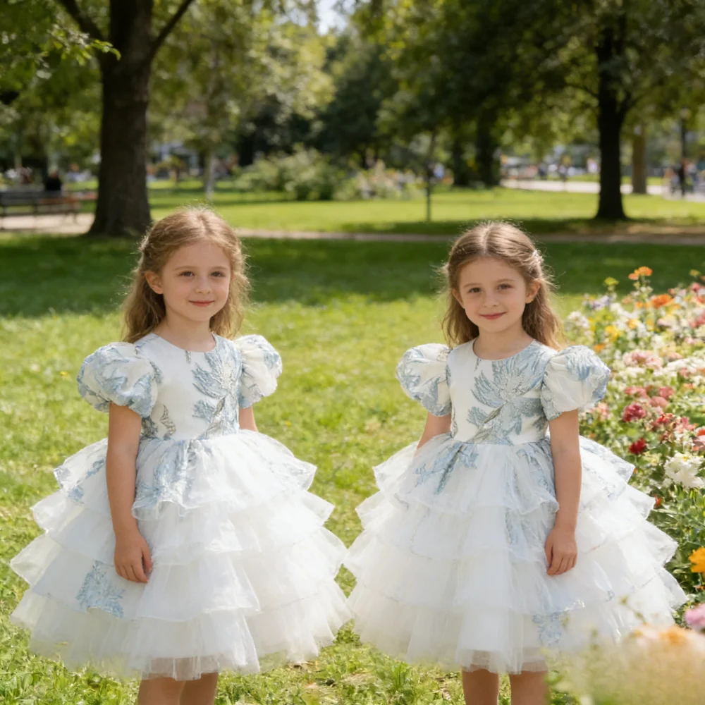 Infant Toddler Children Short Puff Sleeve Flower Vintage Costume Elegantdress Bow Vestido Girl PrincessParty Birthday