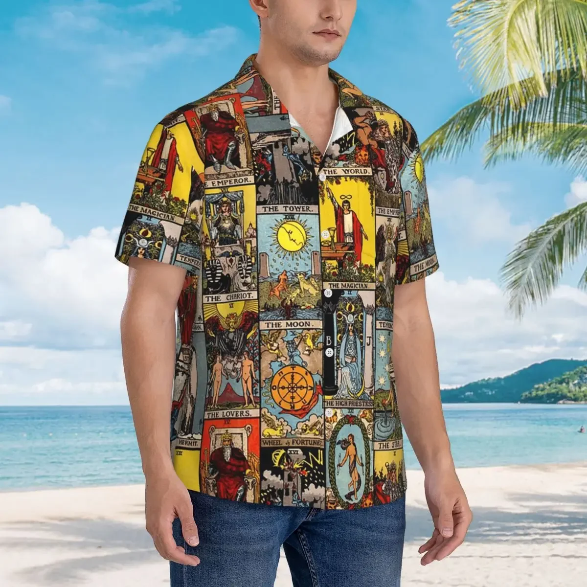 The Major Arcana Of Tarot Hawaiian Shirts Casual Men Short Sleeve Shirt for Summer Beach Men's Button Tops