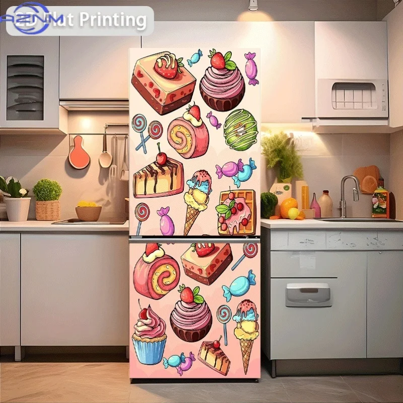 of Refrigerator Sticker Measuring 60X180 Cm Featuring a Pink Cream Strawberry Cupcake in a Heart-Shaped Square Cake Design, Su