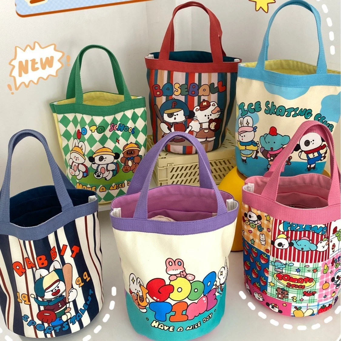 Canvas Bucket Bags Cute Graffiti Children's Fun Illustration Hand-held Round Bucket Mommy Storage Bag Bento Bag Small Handbags