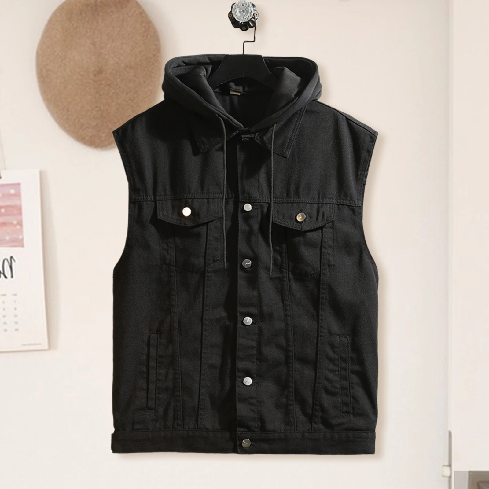 Mens Hooded Denim Vest with Pockets Casual Contrast Color Button Up Warm Sleeveless Jean Jacket