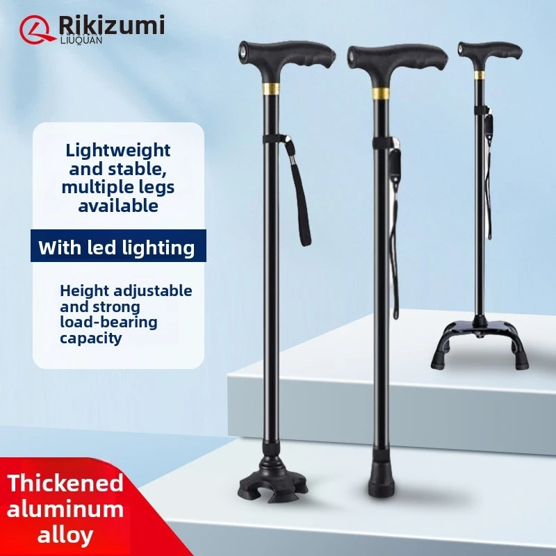 Bastón Ultraligero de Aleación de Aluminio para Personas Mayores, Antideslizante, de Cuatro Patas, Telescópico y Multifuncional