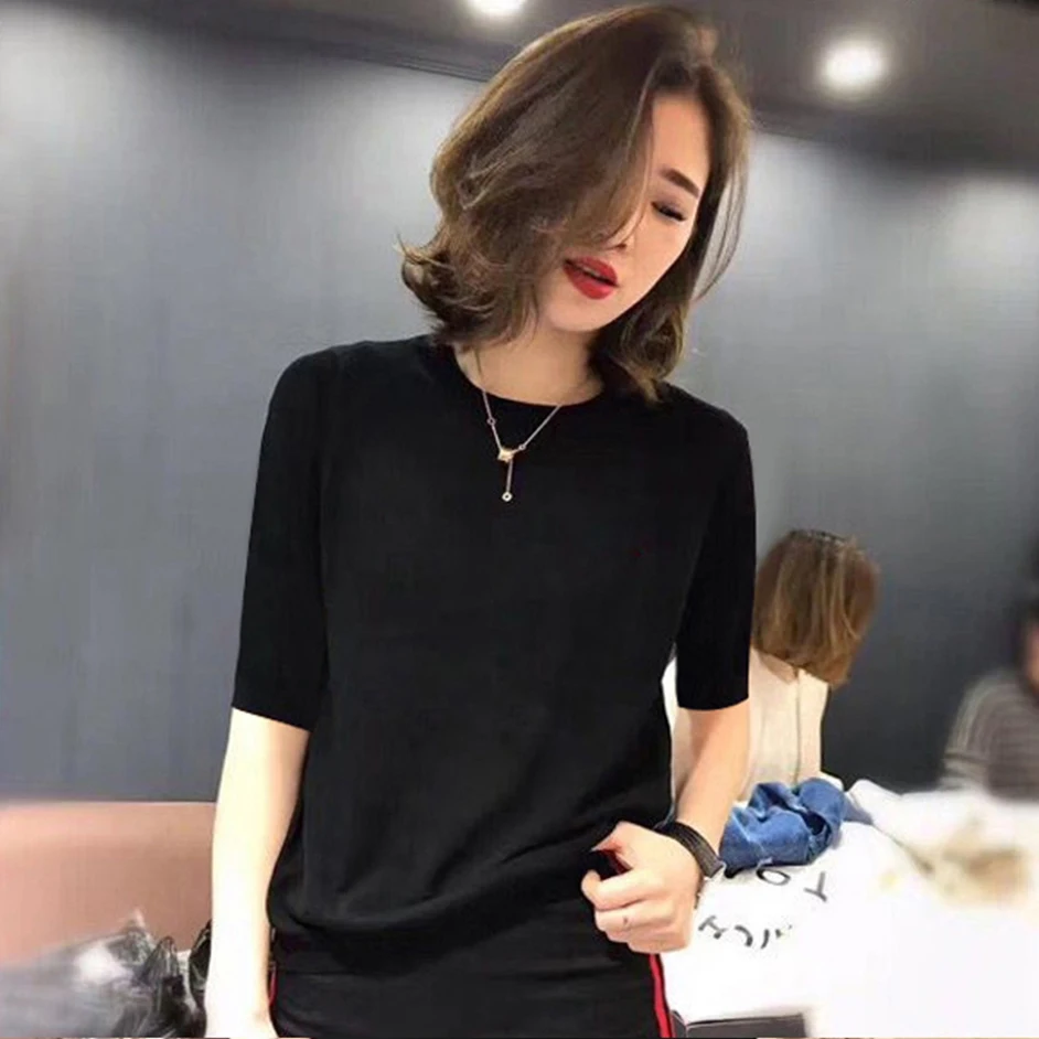 Black Ice Silk Knitted Top Women's Loose Fit mid Sleeve Base Layer Shirt Versatile Style Early Autumn New Arrival T-Shirt