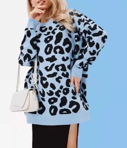 

Классический женский пуловер с контрастным леопардовым принтом, повседневный свободный вязаный топ с круглым вырезом и длинными рукавами