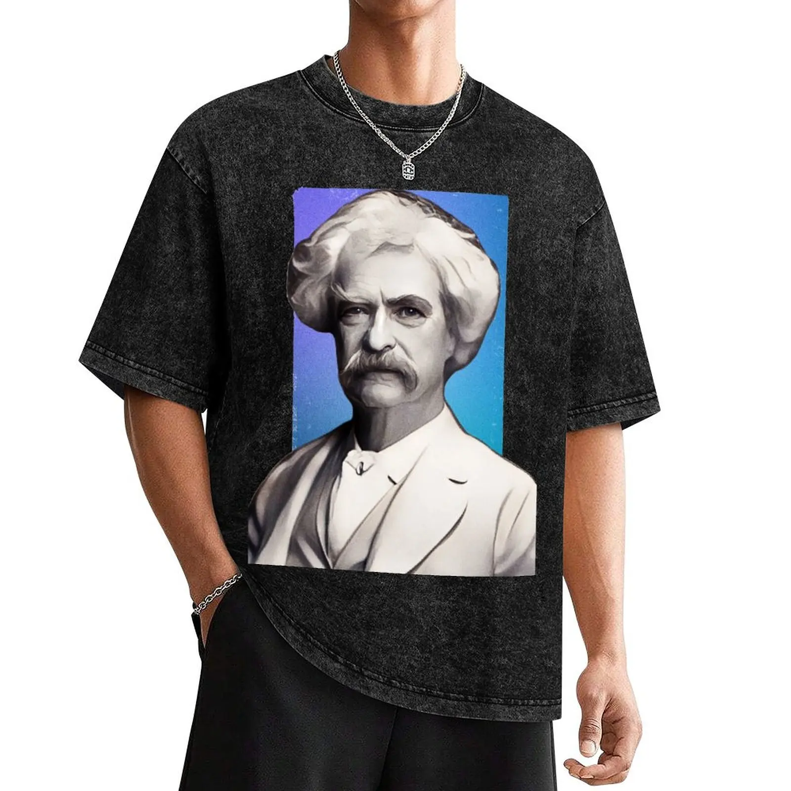 

American Writer Mark Twain - blue - illustration T-Shirt plain blue archive Aesthetic clothing vintage mens white t shirts