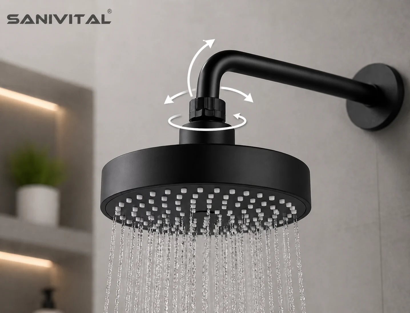 

SANIVITAL Matte Black High Pressure Fixed Shower Head with Anti-Clog Silicone Nozzles for Bathroom