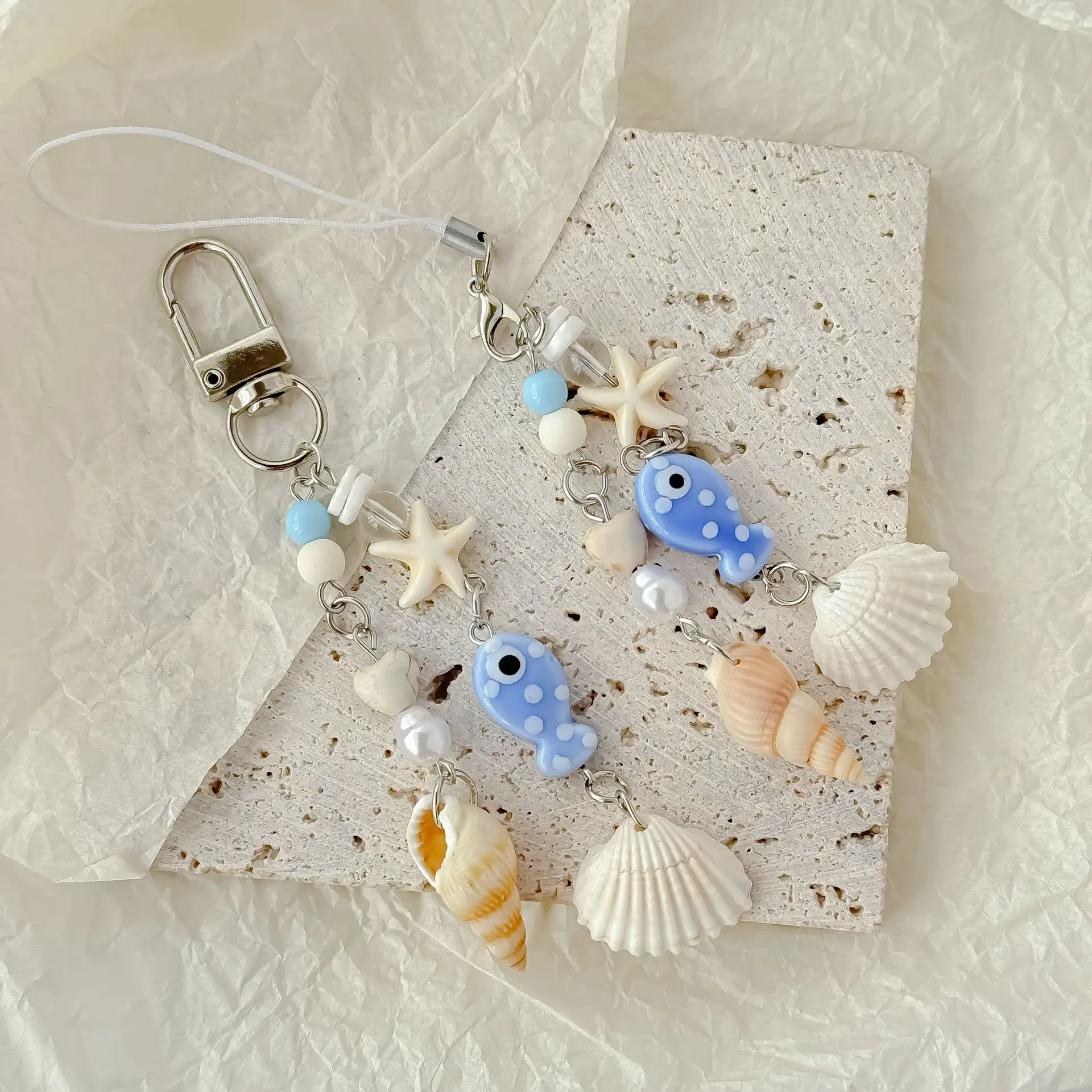 Handmade Shell Starfish Phone Strap for iPhone/Samsung, Earphone Lanyard, Camera & Polaroid Hanging Charm, Keychain Accessory