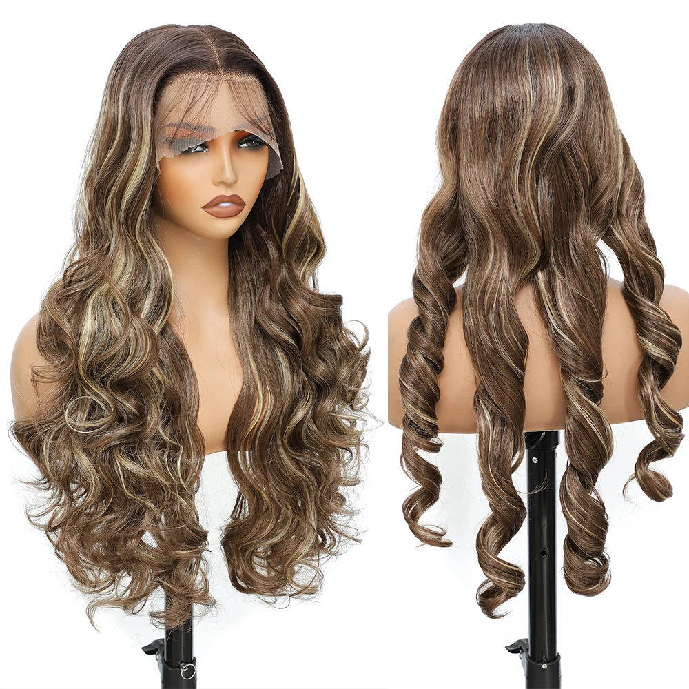 Wig Depan Renda Sintetis Sorot Coklat Wig Rambut Depan Renda 13X4 Keriting Longgar Panjang 30 Inci dengan Rambut Bayi untuk Penggunaan Sehari-hari