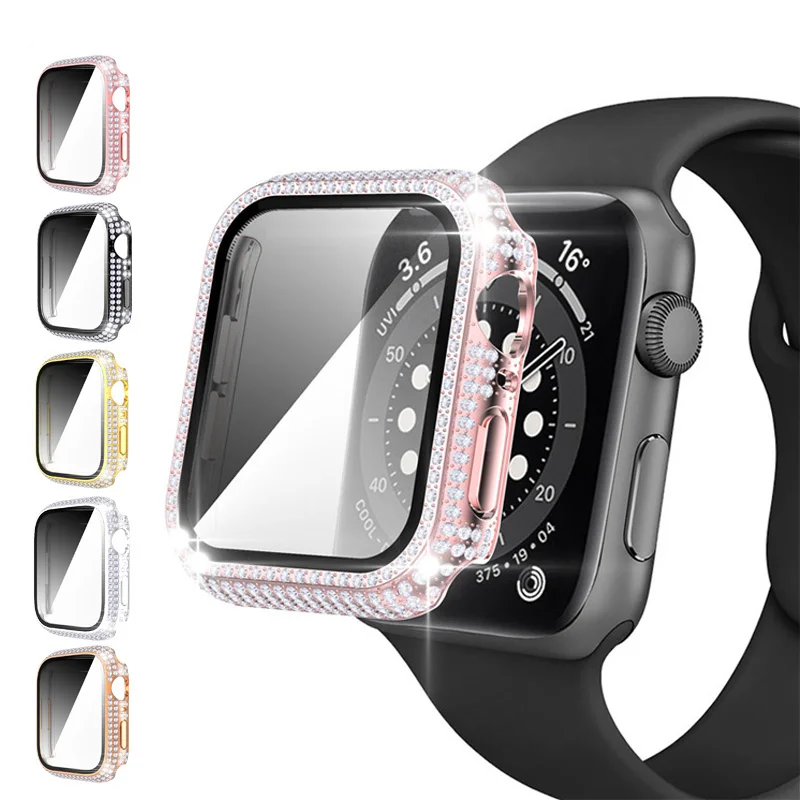 Vetro + Cover per Apple Watch case 40mm 44mm 41mm 45mm iWatch accessori Diamond + Screen Protector Apple watch series 3 4 5 6 SE 7