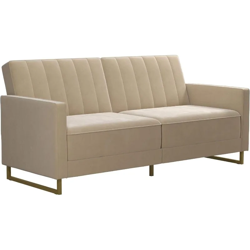 Skylar 77 Inch Futon Sofa Bed in Velvet Fabric, Industrial Modern Upholstered Couch Sleeper with Ivory Metal Legs,