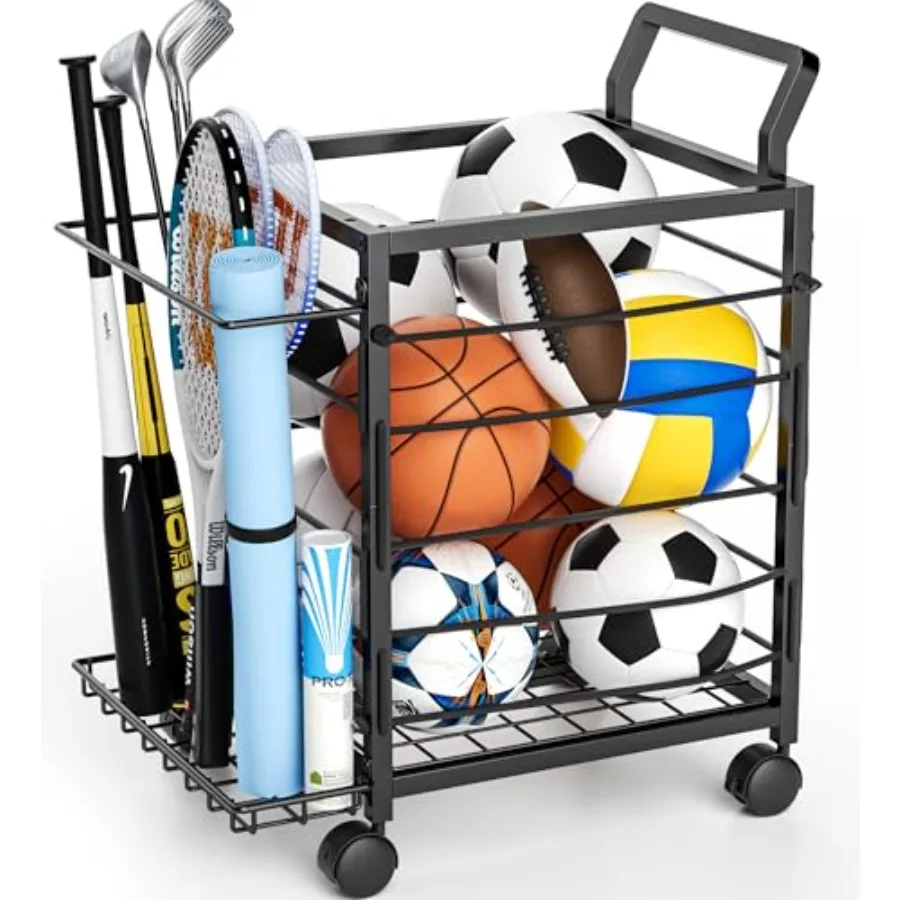 Sportgeräte, Garagen-Organizer, Garagenball-Aufbewahrungsregal für Sport mit Rädern, verbessertes 3-lagiges Organizer-Rack für den Außenbereich