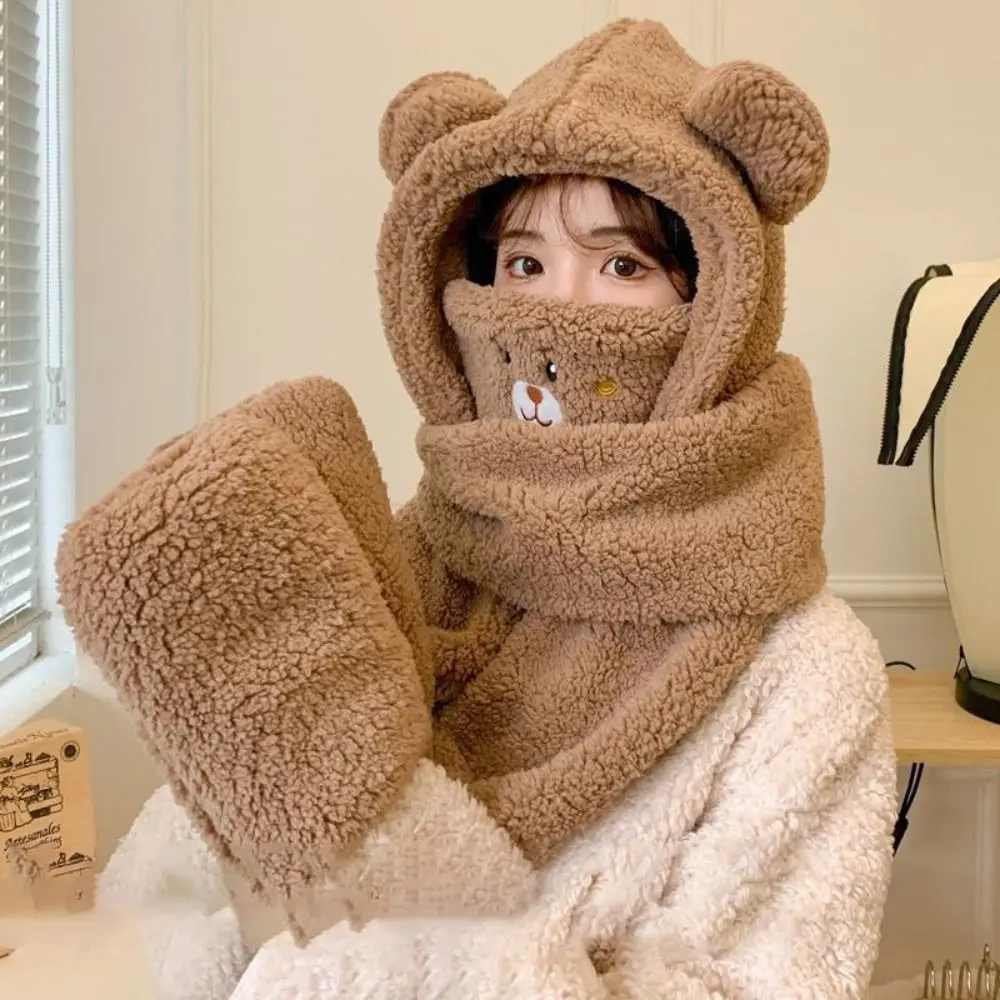 

Утолщенная шапка, шарф, перчатки, комплект, зимняя теплая велосипедная маска, защитные шапки для ушей, милая интегрированная шапка с медвежьими ушками, шарф для велоспорта