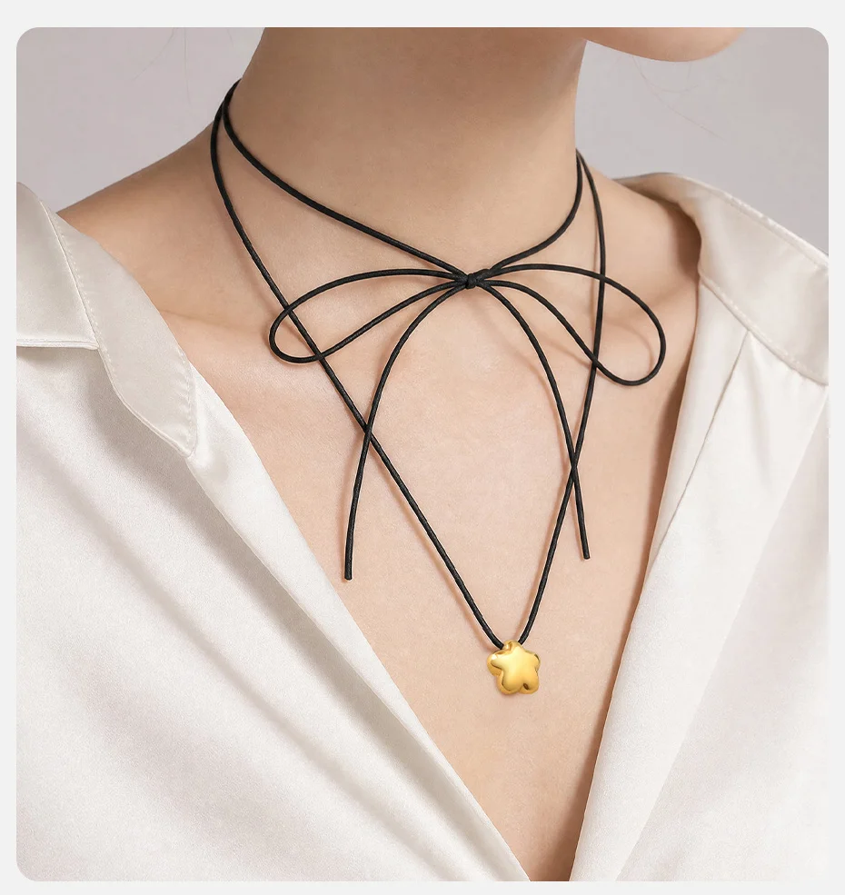 Vnox glänzende Tropfen-Herz-Anhänger-Halskette für Damen, unregelmäßige geometrische Metall-Wachsseil-Pulloverkette, Y2k-Schmuck – Detail 6