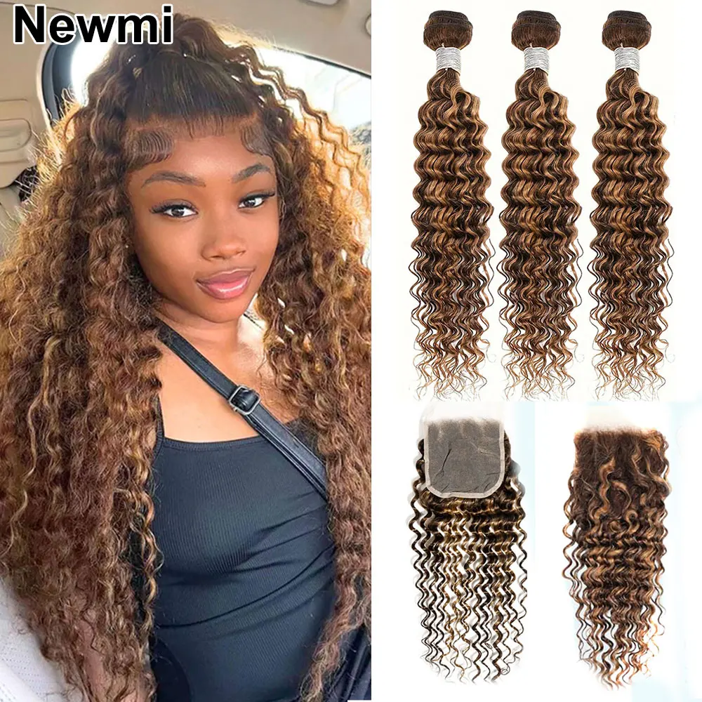 Blonde Hightlight Deep Wave Human Hair Bundles with Closure P4/27 Curly Human Hair Bundles with 4x4 Lace Closure 13x4 frontal