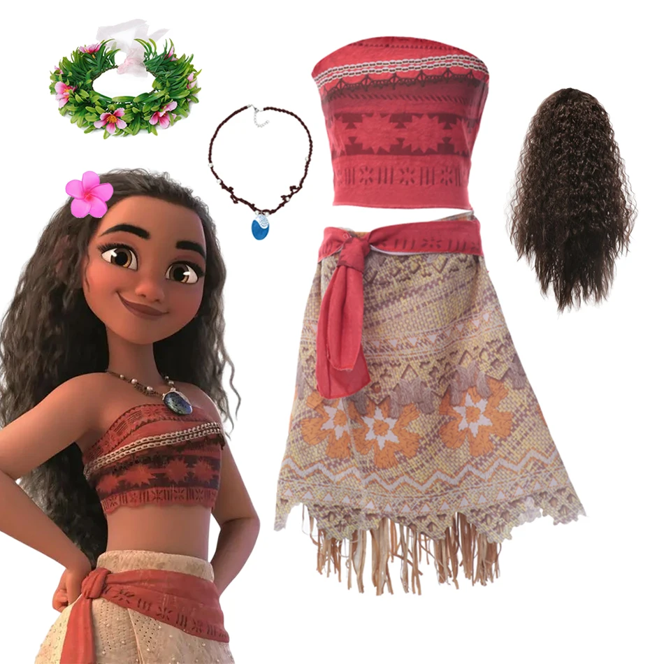 Disney Moana Dress Kids Cosplay Girls Clothes Princess Vaiana Dress Children Birthday Party Costume with Necklace Wig Sets