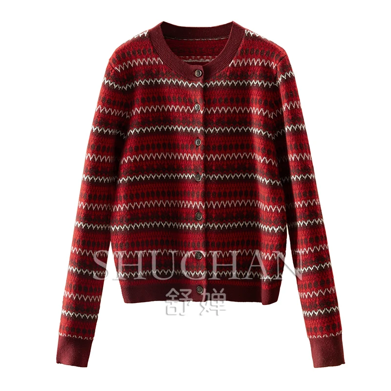 2025 Classic Jacquard 100 Wool Crew Neck Sweater Cardigan Women Casacos Femininos Inverno  Sweater Mujer