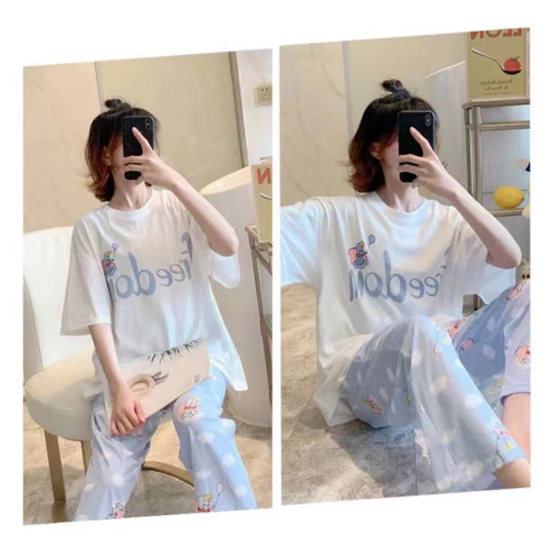 Disney Cartoon Mickey Winnie Snow White Pajamas Ladies Summer Short Sleeves Cute Pants Thin Girls Loose Homewear Pajamas Set