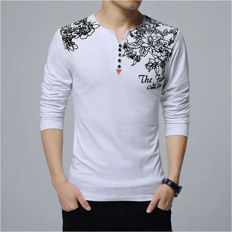 Fashion Men Clothing Long Sleeve Cotton T-shirt Spring Autumn Big Size Ventilate Basic Korean Bottoming V-neck Loose Casual Tops