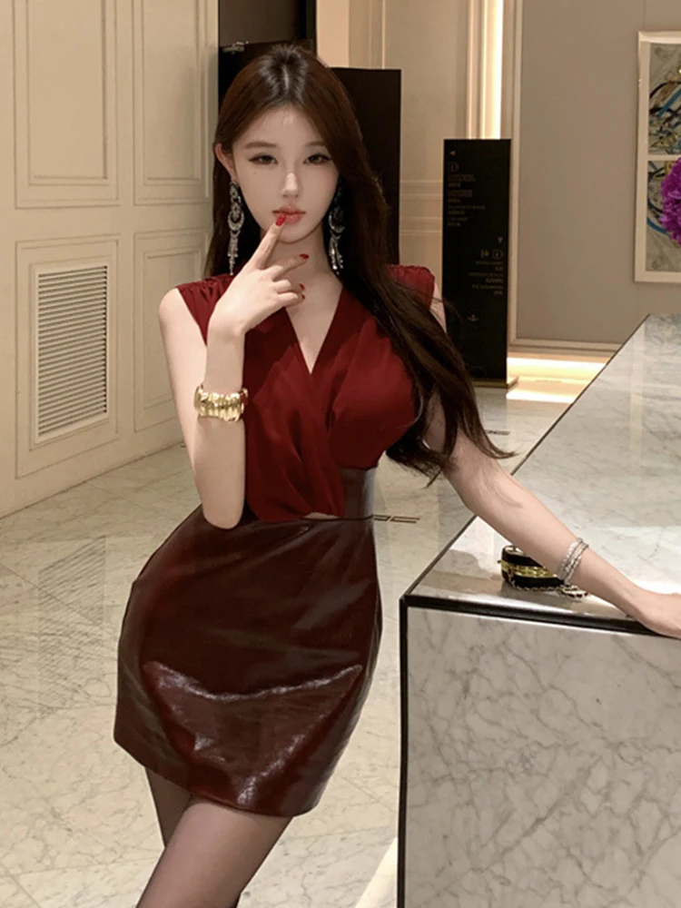 Donne eleganti vino rosso cuoio dell'unità di elaborazione giuntura da sera sexy scollo a V vuoto senza maniche abito corto sottile cocktail party abiti signora nuovo