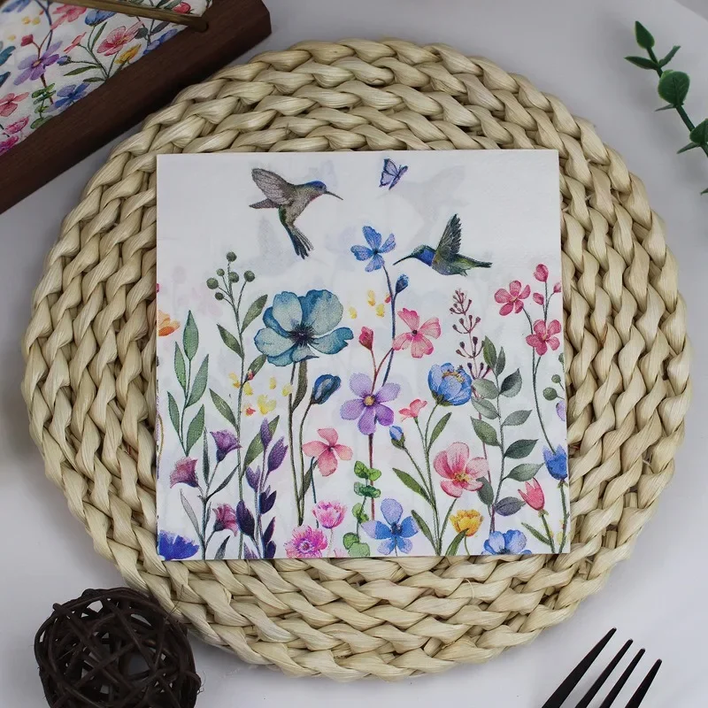 40 個 ハミングバード フラワー バースト 使い捨てナプキン 12.5 センチメートル折りたたみ紙プレースマット ハイティーパーティーテーブルセッティング装飾 DIY 用
