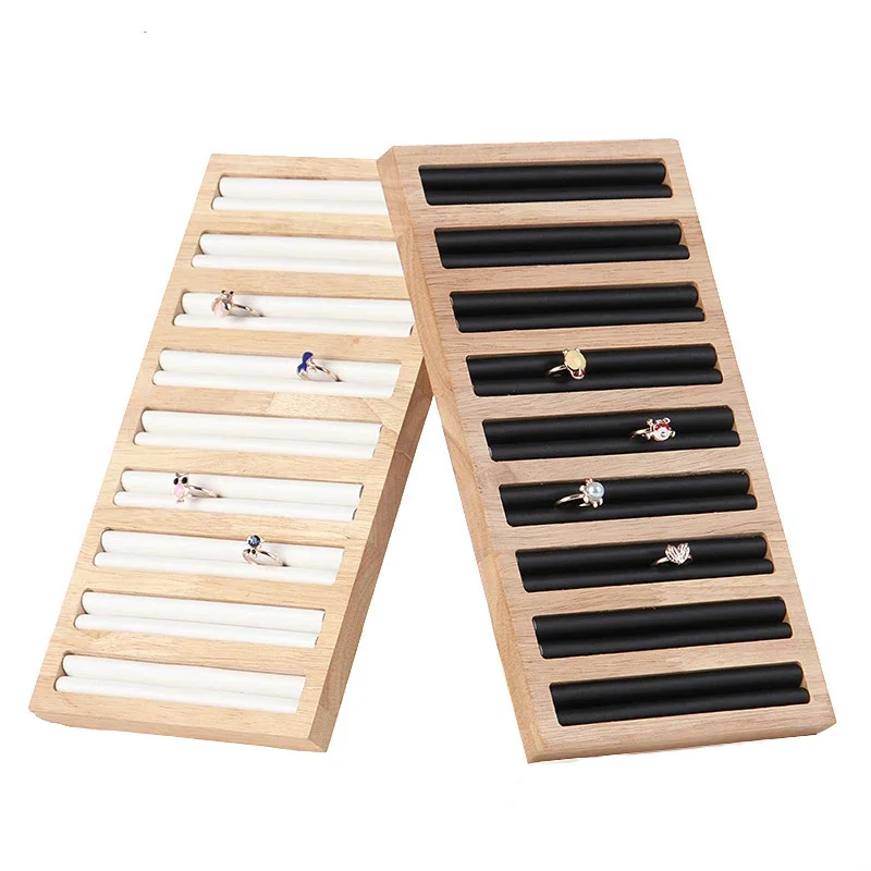 Wood 9 Rows PU Leather Rings Storage Tray Jewelry Display Stand Organizer Ring Tray for Drawer