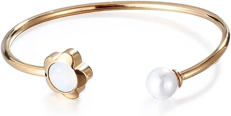 Unique 18k gold Freshwater Pearl Open Cuff Bangle for Women, Exquisite Crystal Design, Fashion Open Bangle Bracelet, Ideal Christmas Jewelry Gift for Her