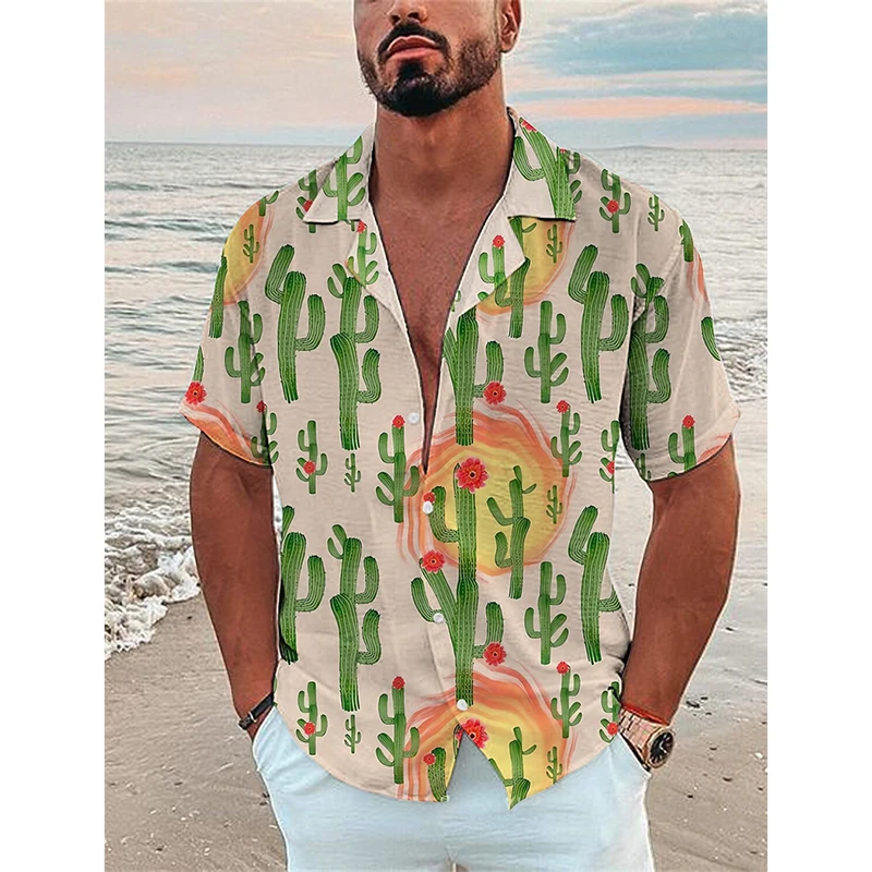 

Desert Cactus Cartoon Print Design Men Shirt Lapel Short Sleeve Loose Breathable Hawaii Shirt Summer Funny Casual Beach Shirts